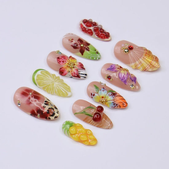 3D tropical summer press on nails with fruit and floral designs, featuring cherries, strawberries, lime, mango, and exotic flowers in vivid colors, adorned with gold studs and seashell textures — summer vacation nails, tropical press on nails, custom handmade nail art, fake nails, false nails, pressons — perfect for beach getaways, holiday parties, or gifting for her.

