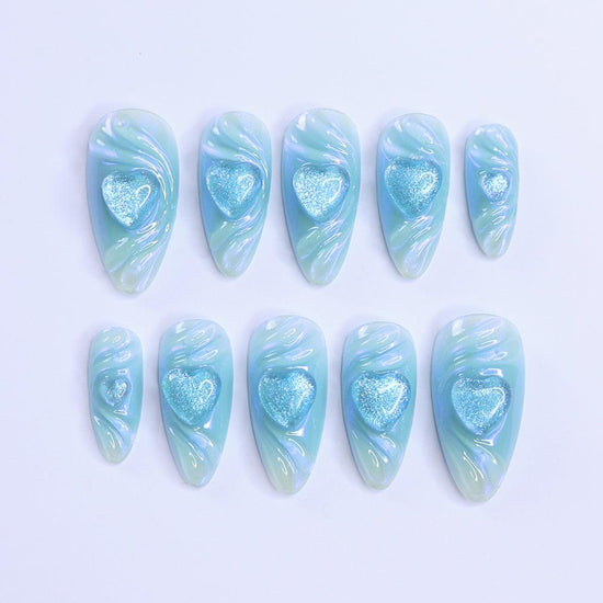 Handmade Blue Heart Press-On Nails – Valetine Collection - soft blue tones with shimmering 3D heart accents. Perfect for birthdays, holidays, anniversaries, or as a thoughtful gift for her. blue press on nails