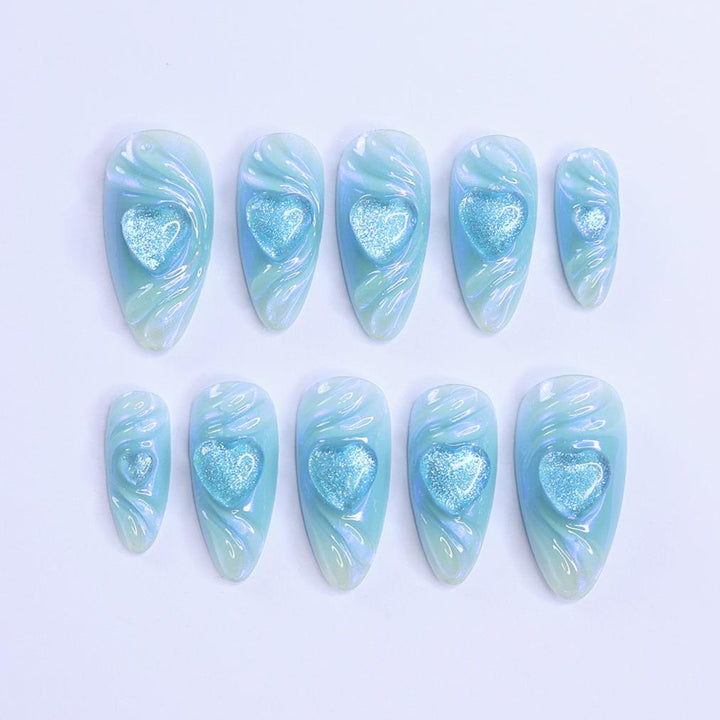 Handmade Blue Heart Press-On Nails – Valetine Collection - soft blue tones with shimmering 3D heart accents. Perfect for birthdays, holidays, anniversaries, or as a thoughtful gift for her. blue press on nails