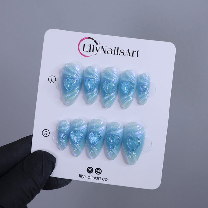 Handmade Blue Heart Press-On Nails – Valetine Collection - soft blue tones with shimmering 3D heart accents. Perfect for birthdays, holidays, anniversaries, or as a thoughtful gift for her. blue press on nails