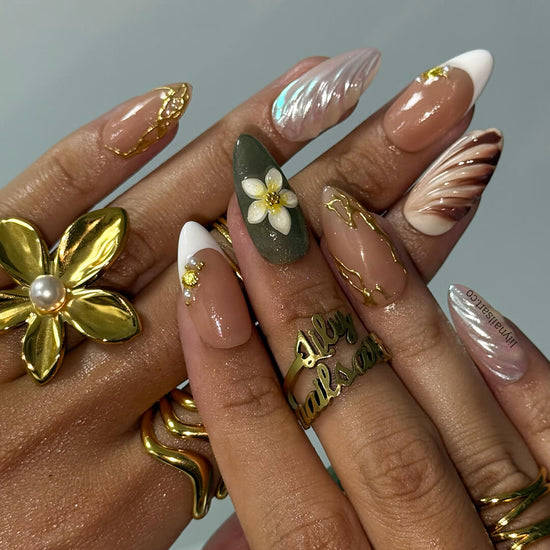 3D press-on nails featuring sculpted flowers, seashell swirl textures, pearl accents, and gold linework — handmade custom nails in earthy sage green, bronze, nude, and soft white tones — perfect for destination weddings, luxury getaways, or elegant summer days, holiday