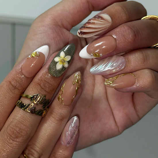 3D press-on nails featuring sculpted flowers, seashell swirl textures, pearl accents, and gold linework — handmade custom nails in earthy sage green, bronze, nude, and soft white tones — perfect for destination weddings, luxury getaways, or elegant summer days, holiday