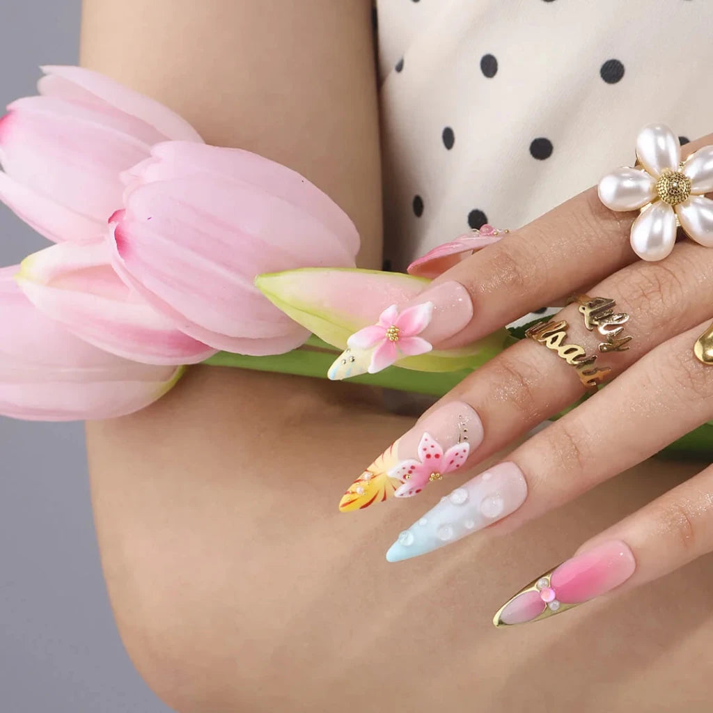 Handmade Pink press on nails with 3D Floral Ombré, Long Almond luxury handmade nail art, false nails, pressons — perfect for Holiday, Vacation, Birthday