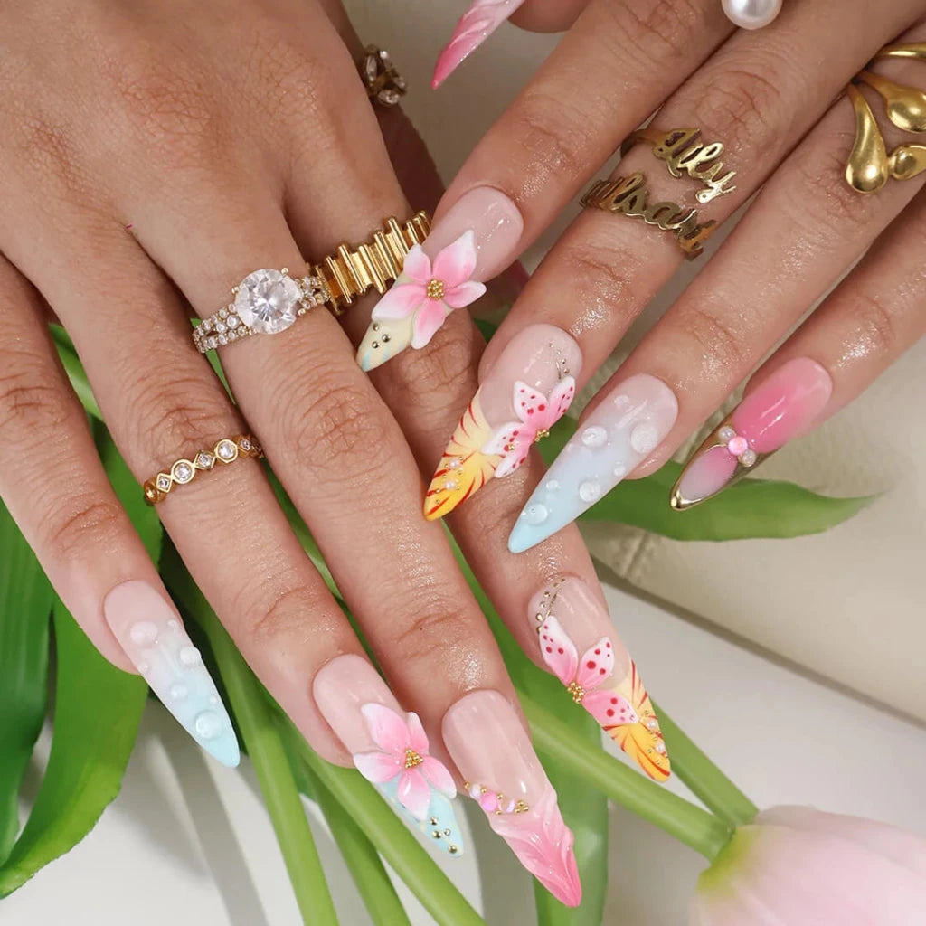Handmade Pink press on nails with 3D Floral Ombré, Long Almond luxury handmade nail art, false nails, pressons — perfect for Holiday, Vacation, Birthday