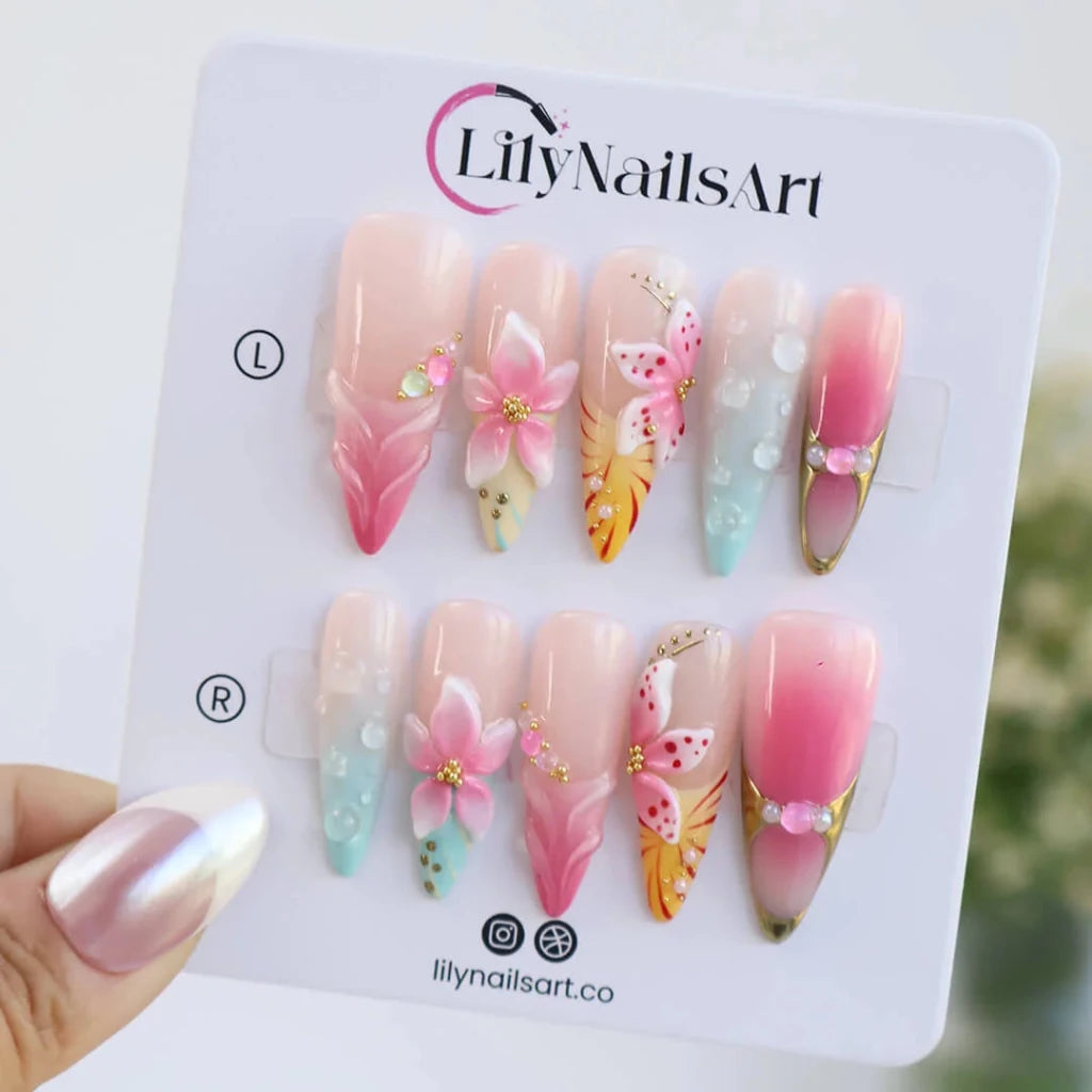 Handmade Pink press on nails with 3D Floral Ombré, Long Almond luxury handmade nail art, false nails, pressons — perfect for Holiday, Vacation, Birthday
