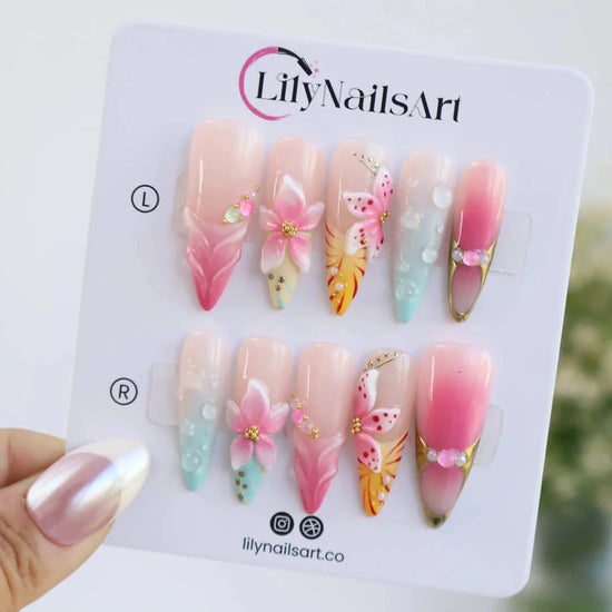 Handmade Pink press on nails with 3D Floral Ombré, Long Almond luxury handmade nail art, false nails, pressons — perfect for Holiday, Vacation, Birthday