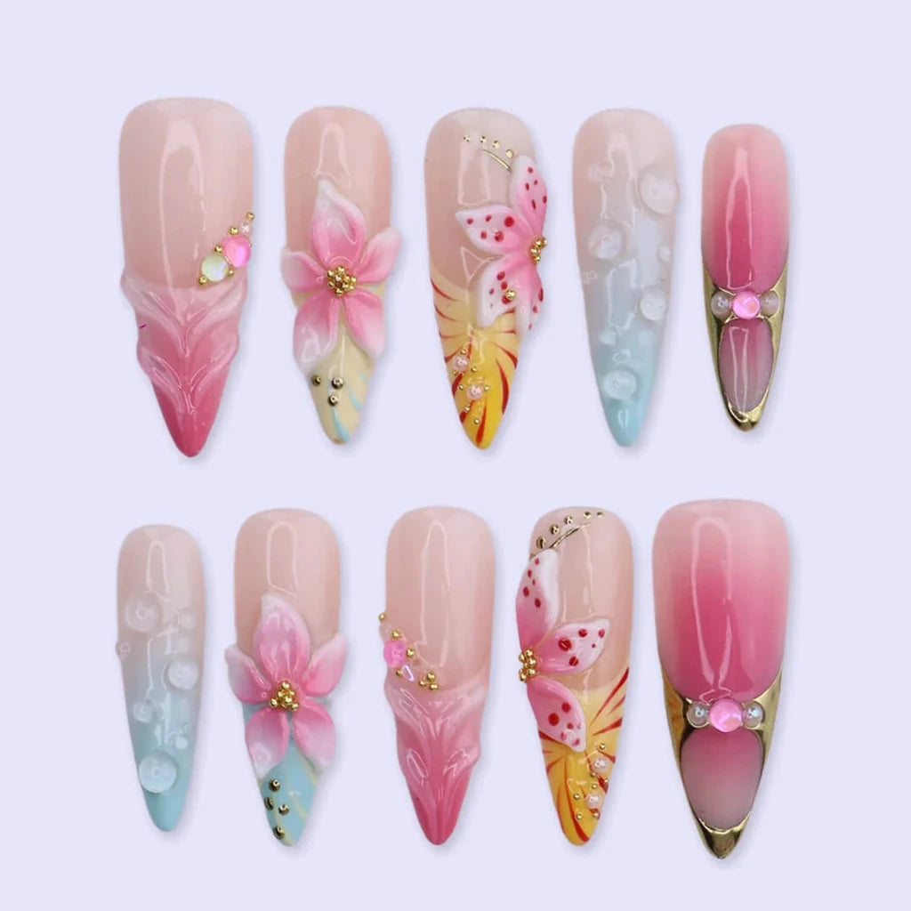Handmade Pink press on nails with 3D Floral Ombré, Long Almond luxury handmade nail art, false nails, pressons — perfect for Holiday, Vacation, Birthday