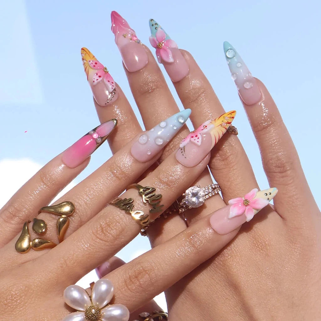 Handmade Pink press on nails with 3D Floral Ombré, Long Almond luxury handmade nail art, false nails, pressons — perfect for Holiday, Vacation, Birthday