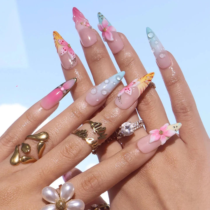 Handmade Pink press on nails with 3D Floral Ombré, Long Almond luxury handmade nail art, false nails, pressons — perfect for Holiday, Vacation, Birthday