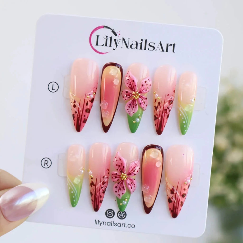 Handmade Pink press on nails with 3D Tropical Floral, Long Almond luxury handmade nail art, false nails, pressons — perfect for Holiday, Vacation, Birthday