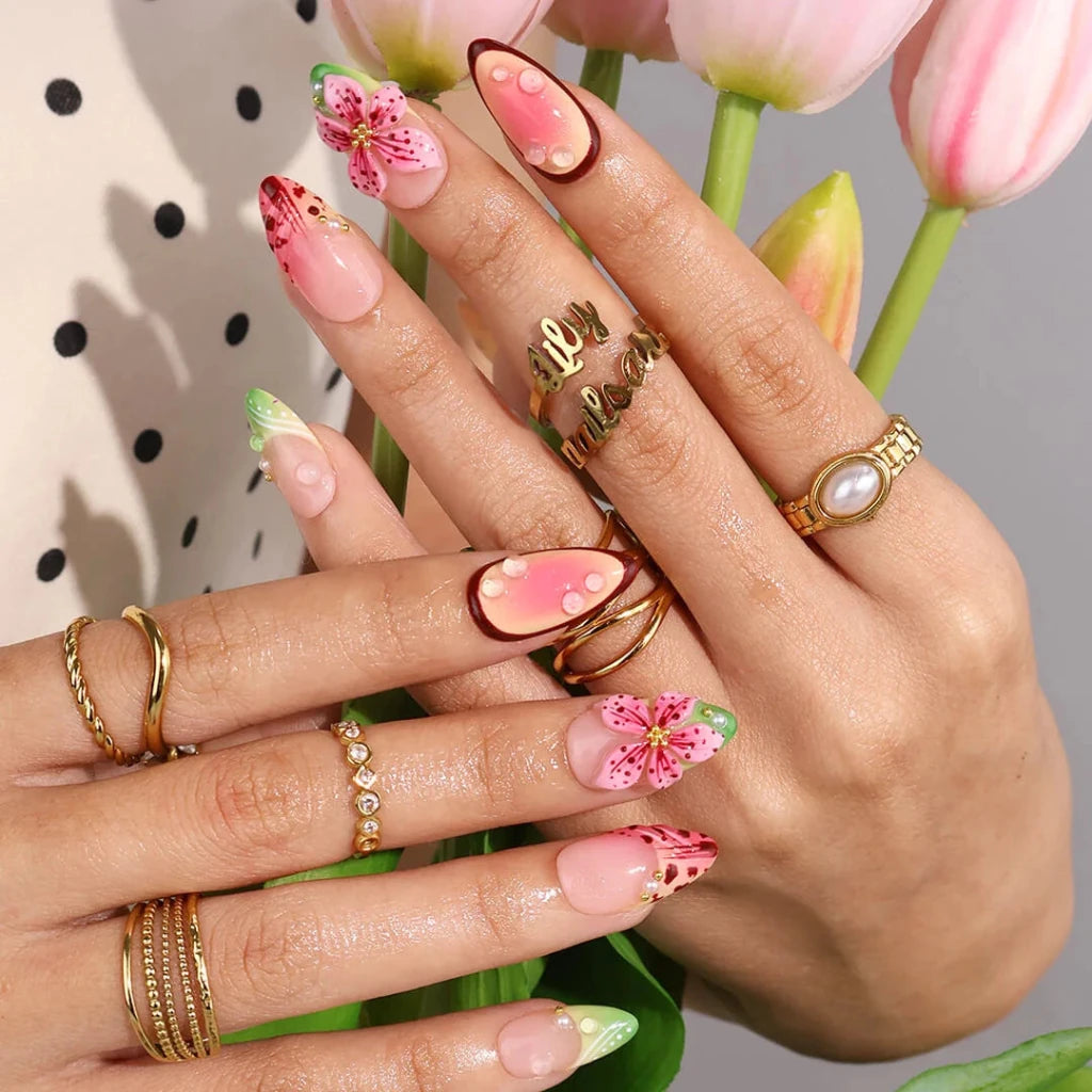 Handmade Pink press on nails with 3D Tropical Floral, Medium Almond luxury handmade nail art, false nails, pressons — perfect for Holiday, Vacation, Birthday