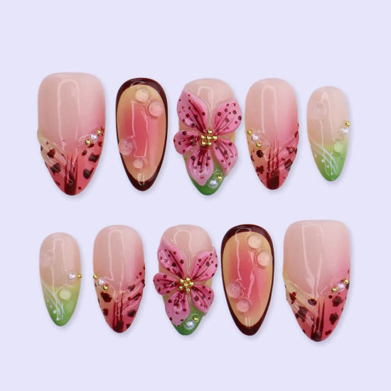 Handmade Pink press on nails with 3D Tropical Floral, Medium Almond luxury handmade nail art, false nails, pressons — perfect for Holiday, Vacation, Birthday