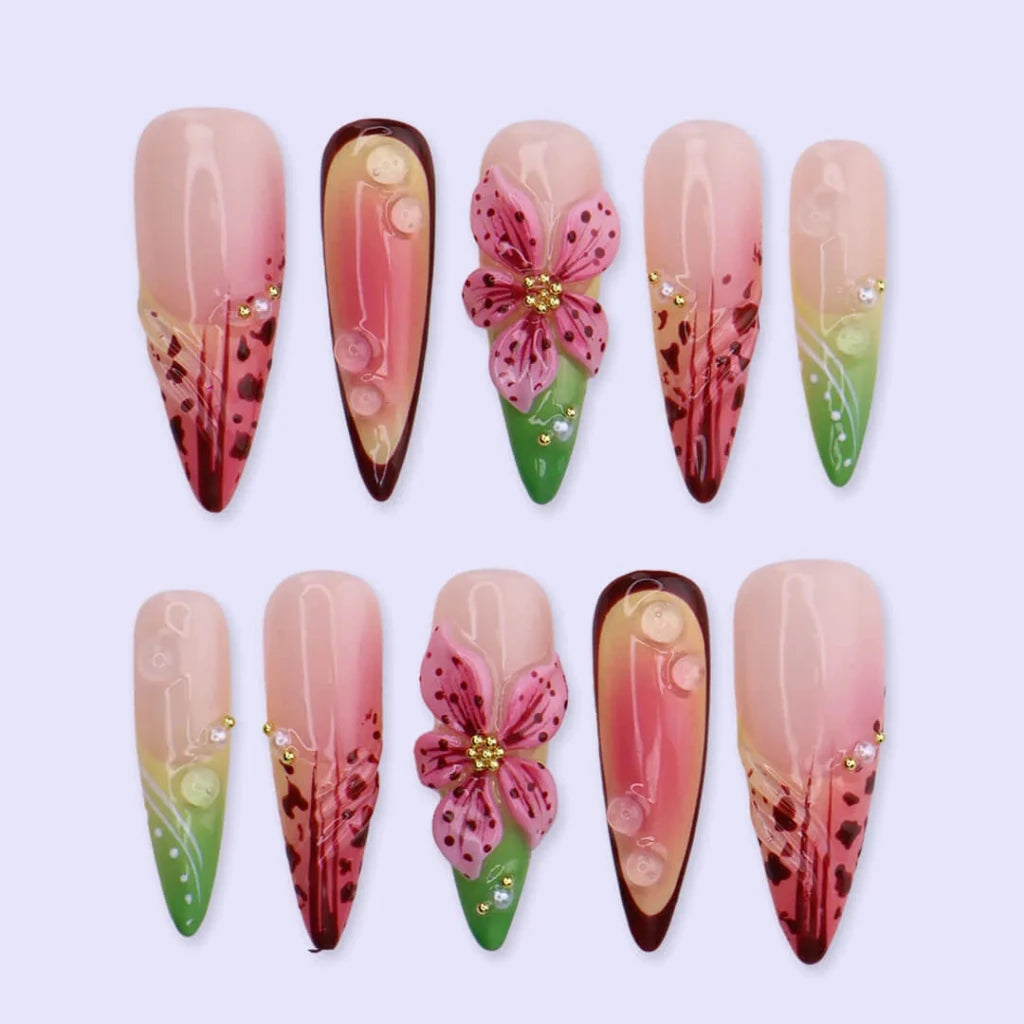 Handmade Pink press on nails with 3D Tropical Floral, Long Almond luxury handmade nail art, false nails, pressons — perfect for Holiday, Vacation, Birthday