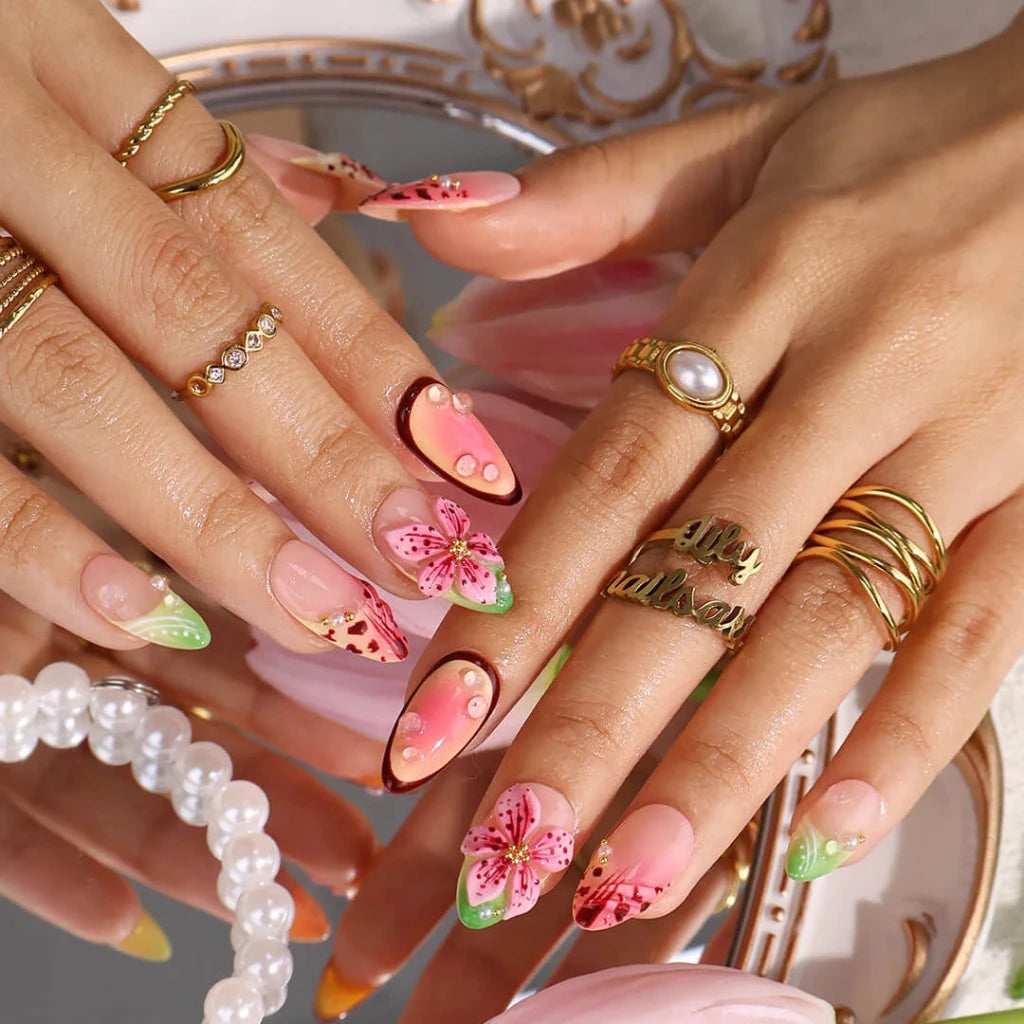 Handmade Pink press on nails with 3D Tropical Floral, Medium Almond luxury handmade nail art, false nails, pressons — perfect for Holiday, Vacation, Birthday