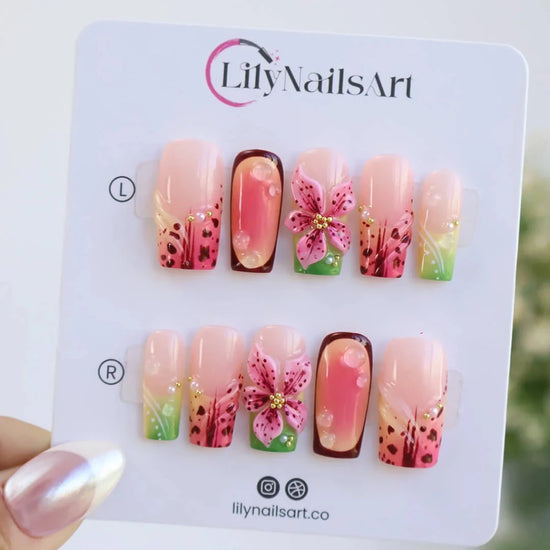 Handmade Pink press on nails with 3D Tropical Floral, Medium Square luxury handmade nail art, false nails, pressons — perfect for Holiday, Vacation, Birthday