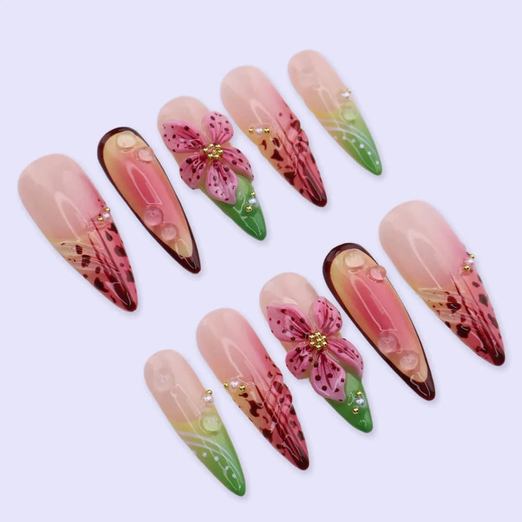 Handmade Pink press on nails with 3D Tropical Floral, Long Almond luxury handmade nail art, false nails, pressons — perfect for Holiday, Vacation, Birthday
