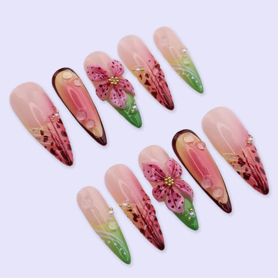 Handmade Pink press on nails with 3D Tropical Floral, Long Almond luxury handmade nail art, false nails, pressons — perfect for Holiday, Vacation, Birthday