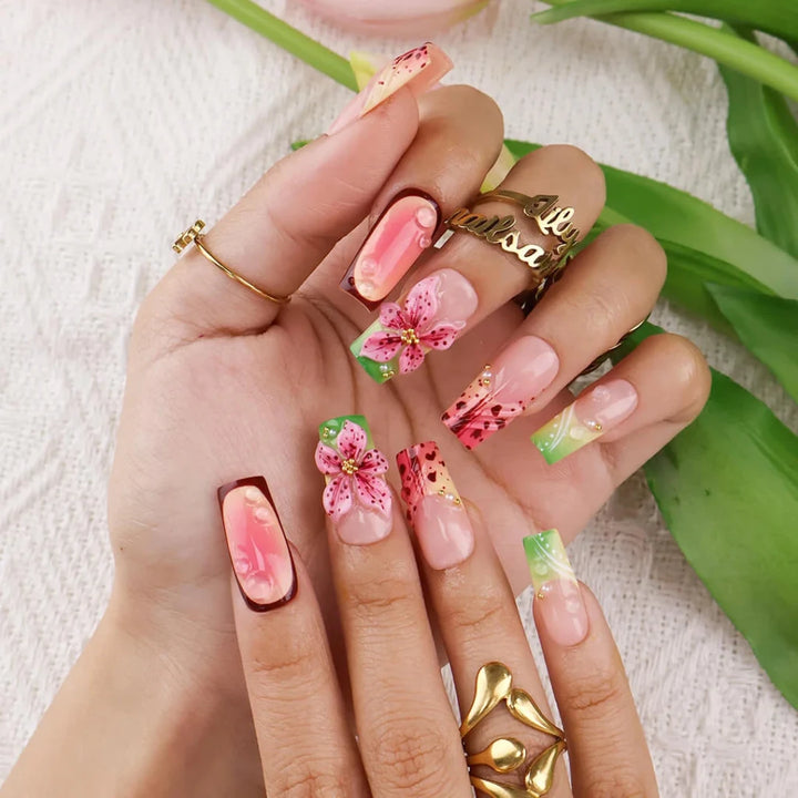 Handmade Pink press on nails with 3D Tropical Floral, Medium Square luxury handmade nail art, false nails, pressons — perfect for Holiday, Vacation, Birthday