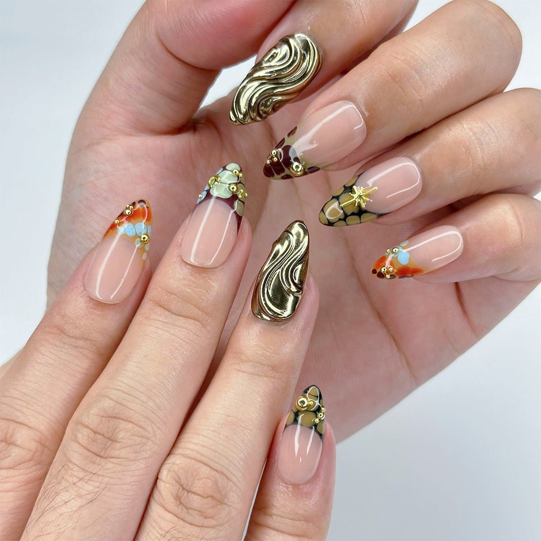 Handmade Luxe Mosaic Press-On Nails – nude tones with gold chrome accents, mosaic patterns, and star details. Perfect for holidays, birthdays, vacations, or as a luxurious gift for her.Press-on nails with rhinestones
Press-on nails with 3D designs
Press-on nails with floral designs
Minimalist press-on nails
Bold and colorful press-on nails
Best place to buy press-on nails
Press-on nails on Amazon
Press-on nails on Etsy