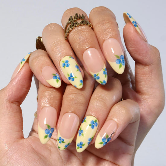 Handmade Blueberry Press On Nails with Yellow French Tips and 3D Florals in Medium Almond shape — reusable summer fruit nail art gift.