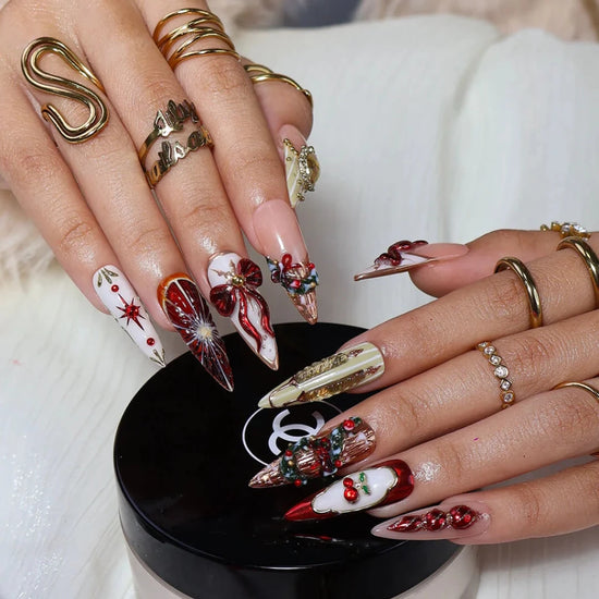 3D red and white Christmas  2025 press on nails with reindeer, snowflakes, candy cane, wreath, tree and gold accents — luxury custom holiday nails, false nails, fake nails, pressons — perfect for Christmas parties, winter events, or as a festive gift for her.
