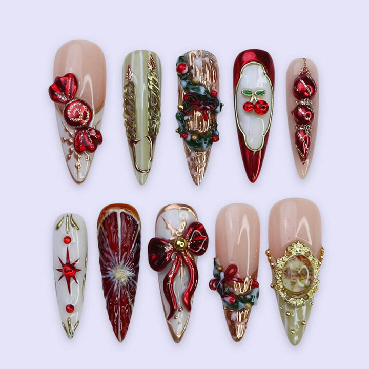 3D red and white Christmas  2025 press on nails with reindeer, snowflakes, candy cane, wreath, tree and gold accents — luxury custom holiday nails, false nails, fake nails, pressons — perfect for Christmas parties, winter events, or as a festive gift for her.
